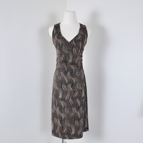 Vintage midi fitted dress abstract y2k v-neck plunge neckline wrap squiggles - Picture 2 of 13